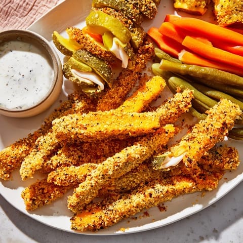 A colorful platter of fried pickles, pickled-wrapped bites, perfect for entertaining pickle enthusiasts.  