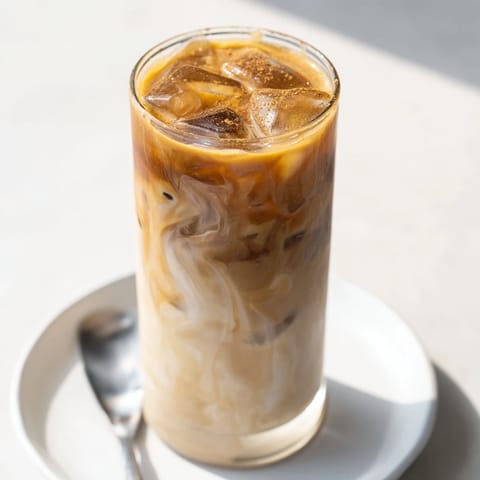 Rich and nutty Tahini Iced Coffee garnished with cocoa powder and served cold.  