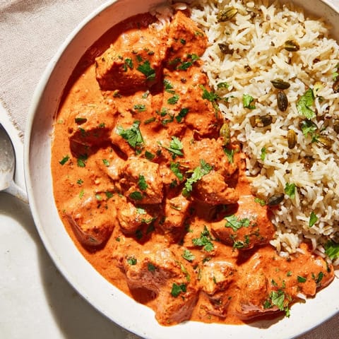 This image shows a creamy Butter Chicken with basmati rice pilaf, a classic Indian comfort food.