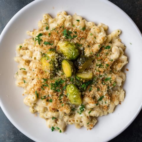 A close-up of sheet pan mac and cheese with Brussels sprouts, showcasing crispy edges and melted cheese goodness.
