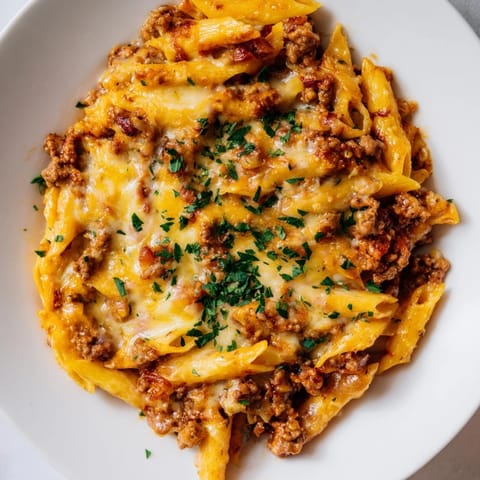 This close-up shot of Budget Sausage and Cheese Pasta Bake shows cheesy layers and savory sausage.