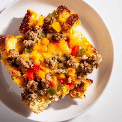 A close-up of a steaming Lightning-Fast Breakfast Sausage Casserole fresh from the oven, ready to serve.