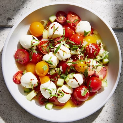 A bright, colorful holiday spread: the Simple Holiday Chopped Caprese Salad offers a fresh, Italian flavor.
