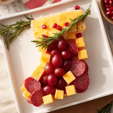 Delicious Christmas Stocking Snack Tray featuring cheddar and Swiss cheese, prosciutto, and fresh rosemary sprigs, ready to serve.