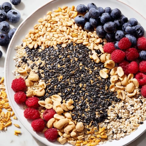 Observe the bright colors of this Singing Bird Seed & Berry Platter, full of seeds, nuts, and fruit for the birds.