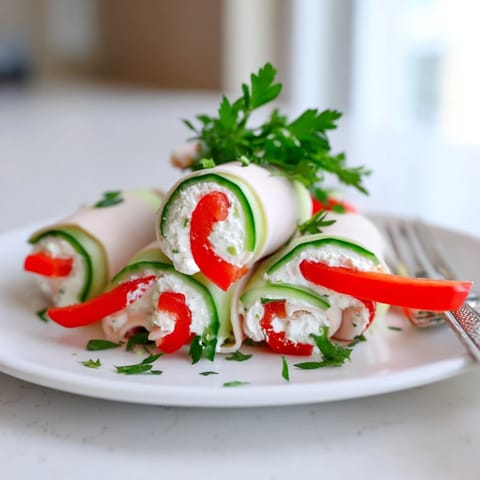 Cream cheese and cucumber-filled turkey roll-ups, a bright and colorful appetizer, perfect for parties.