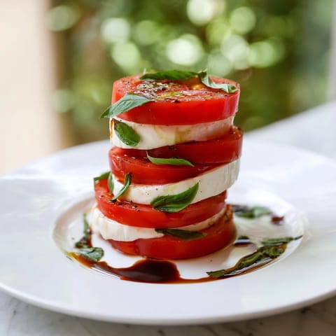 The Tuscan Pillar appetizer: Vertical tomato, mozzarella, and basil towers ready to eat.