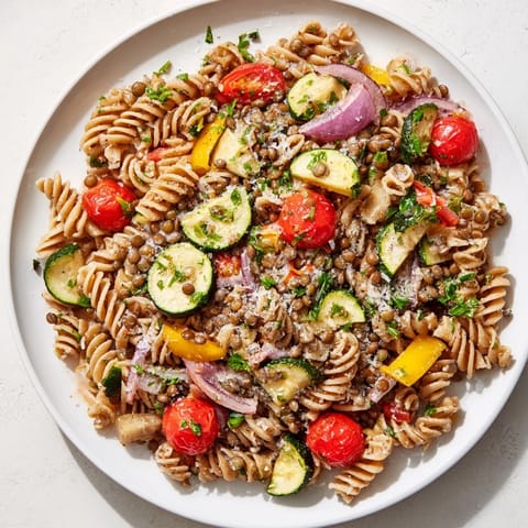 This Lentil Pasta with Vegetables showcases a vibrant medley of roasted bell peppers and zucchini, delightfully savory.