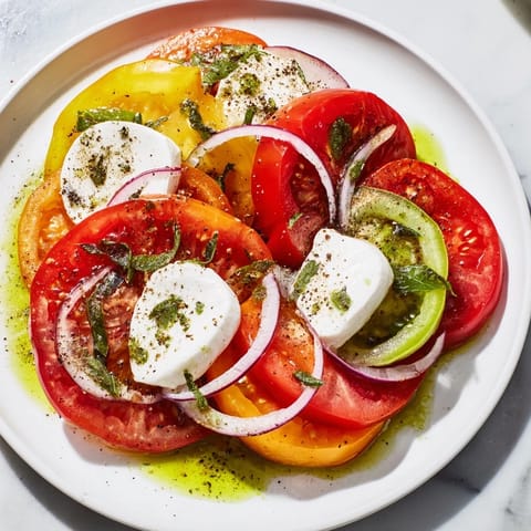 Heirloom tomatoes mingle with mozzarella in this Summer Tomato Salad, a colorful, simple classic.