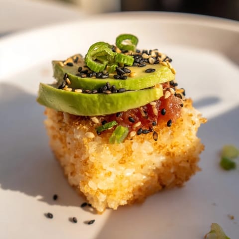 A delicious close-up of Spicy Tuna Crispy Rice, perfect party appetizer with texture and spice.