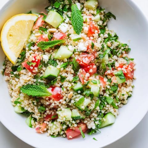 A close-up of a delicious Tabbouleh Grain Bowl, showcasing fresh herbs and a drizzle of olive oil.