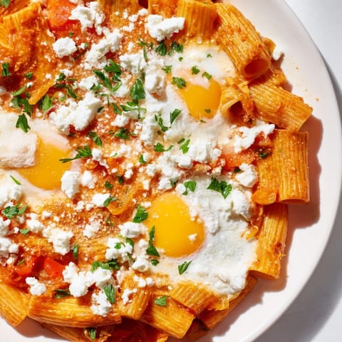A close-up of steaming Shakshuka Baked Pasta with a rich, spiced tomato base and perfectly set eggs.