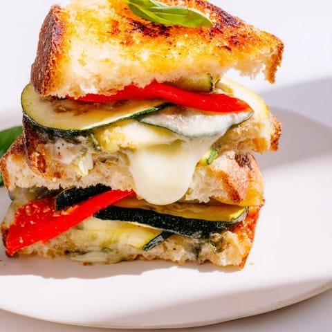 A close-up view shows melted mozzarella oozing from the toasted sandwich, featuring colorful roasted vegetables and a drizzle of balsamic glaze.