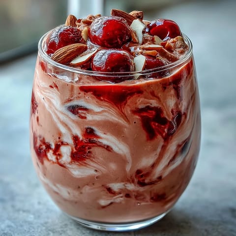 Vibrantly pink cherry almond smoothie, blended smooth with creamy yogurt and almond butter.