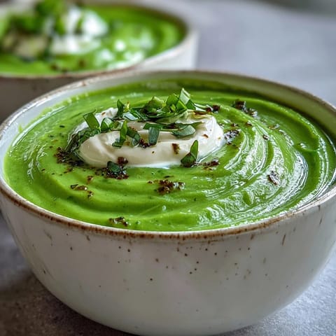 Vibrant courgette, pea and pesto soup with a creamy basil swirl.