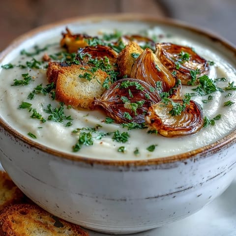 Creamy roasted garlic soup garnished with olive oil drizzle beside crusty bread on a wooden table.
