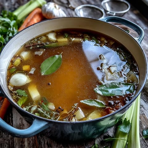 A fine-mesh sieve straining golden Vegetable Broth From Scraps into a glass bowl, revealing a clear and nourishing liquid.