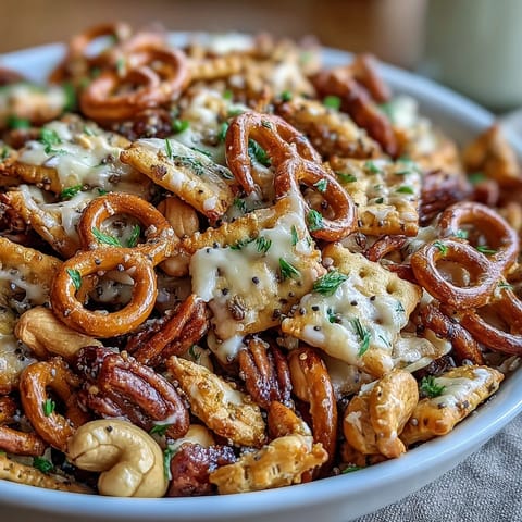 Crunchy Everything Ranch Cheese and Pretzel Snack Mix on a parchment-lined baking sheet, cooling after baking.