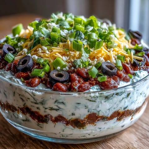 Freshly prepared 4-Way Layered Dip with creamy beans, tangy sour cream, vibrant salsa, and cheese toppings.