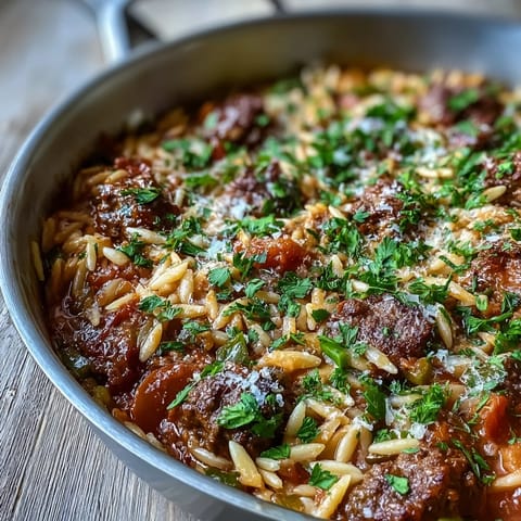 This hearty ground beef orzo dinner features tender pasta, sweet bell peppers, and a rich tomato broth, perfect for weeknight meals.