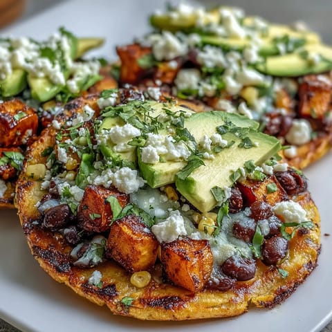 Golden, caramelized sweet potato cubes top these Black Bean and Sweet Potato Tostadas, garnished with fresh cilantro and crumbled feta. 