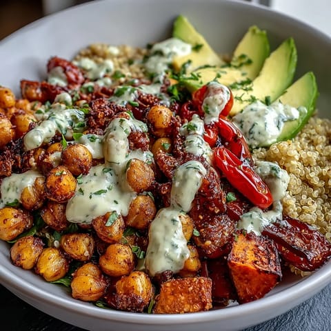 A deconstructed Chickpea Power Bowl showing creamy avocado slices, cherry tomatoes, and a drizzle of tahini sauce.