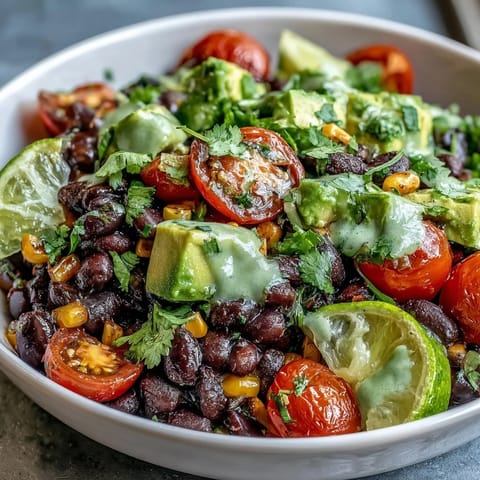 Colorful Black Bean and Veggie Bowl with corn, tomatoes, and avocado, drizzled with zesty lime dressing.