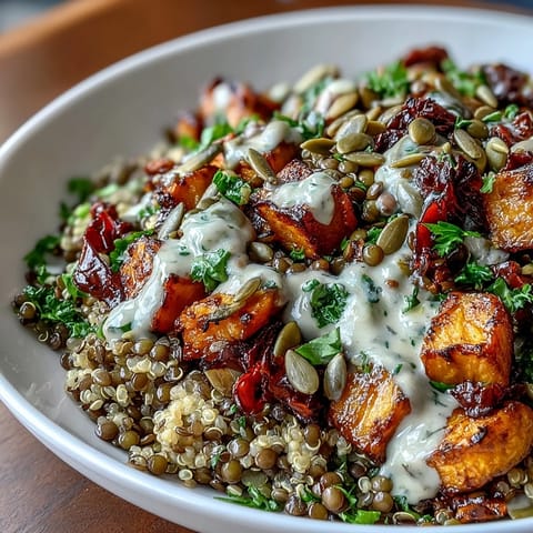 Warm, hearty Lentil Power Bowl with caramelized sweet potato, red peppers, and zucchini over grains, garnished with fresh parsley and pumpkin seeds.