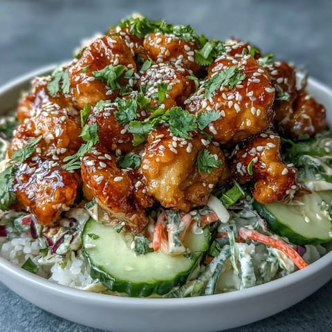 Tender pieces of Bang Bang Chicken Bowl arranged over white rice with fresh veggies and a drizzle of spicy Bang Bang sauce.