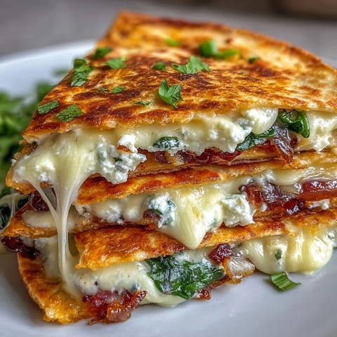 Golden-brown Mediterranean quesadillas filled with spinach, feta, mozzarella, and red onion, served warm on a white plate.