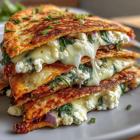 Crispy whole wheat tortillas stuffed with melted cheeses and sautéed greens, garnished with fresh herbs for a vegetarian appetizer.