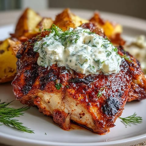 Juicy Spicy Yogurt Marinated Chicken with Dill Feta Cream is topped with creamy sauce and paired with crunchy roasted baby potatoes for dinner.