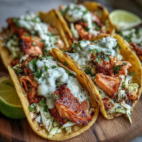 Crispy Air Fryer Salmon Tacos With Slaw served on a plate with lime wedges, ready to be topped with avocado.