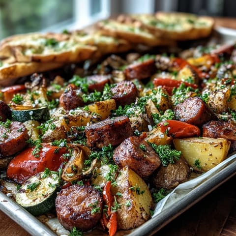 Savory Smoky Sheet Pan Sausage & Veggies with Naan plated alongside warm, buttery garlic naan, perfect for dipping into the hearty weeknight dinner.