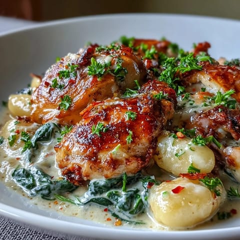 Golden-brown chicken thighs and pillowy gnocchi simmer in a rich, garlicky Parmesan cream sauce with wilted spinach in a single skillet.