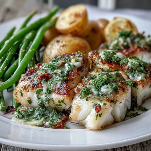 Tender white fish fillets topped with fresh herb butter, roasted potatoes, and bright green beans for a simple dinner.