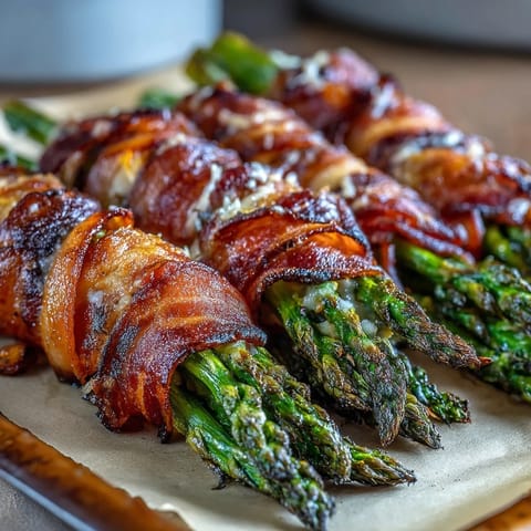 Freshly roasted Keto Bacon-Wrapped Asparagus Bundles with Parmesan, sizzling on a baking sheet with crispy bacon.