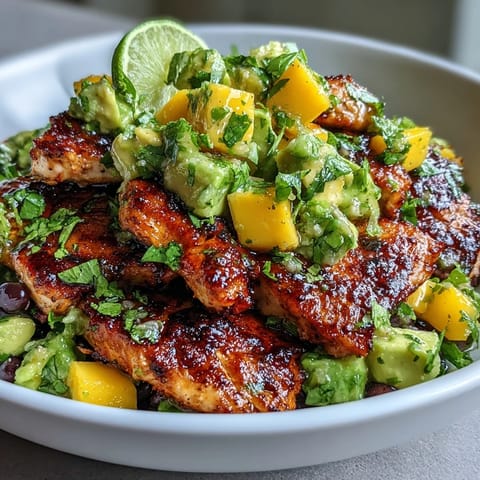 Vibrant mango avocado salsa chicken bowls with grilled chicken, black beans, and brown rice in a colorful, nourishing meal.  