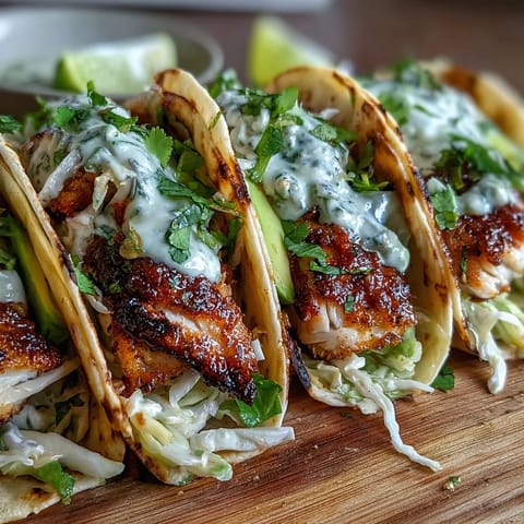 Zesty chili-lime marinated fish tucked into soft tortillas with vibrant red and green cabbage slaw, fresh cilantro crema, and avocado slices.  