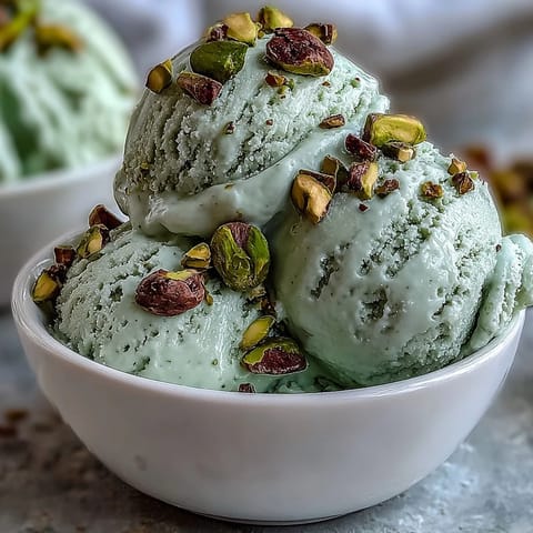 Rich and nutty Italian pistachio gelato, garnished with chopped pistachios and served in a dessert cup.  