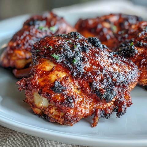 Juicy tandoori chicken thighs marinated in spiced yogurt, charred and smoky, served on a platter with fresh lemon wedges and vibrant herbs.  