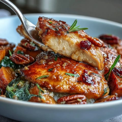 Maple Dijon Chicken Sweet Potato Bowls with roasted Brussels sprouts, pecans, and cranberries served over brown rice.