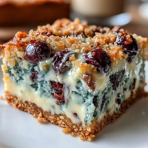 Fudgy blueberry blondies with juicy berries baked into a golden, chewy bar, perfect for summer dessert spreads.