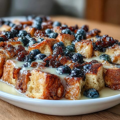 A golden Blueberry Sourdough French Toast Bake topped with cinnamon sugar, perfect for a cozy weekend brunch.