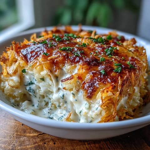 Cozy funeral potatoes casserole with hashbrown topping, golden and bubbling, served in a white baking dish.  