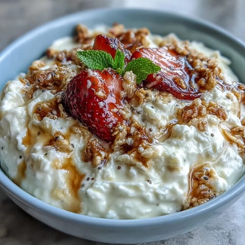 Creamy whipped Greek yogurt layered with juicy strawberries and crunchy granola for a satisfying morning meal.  