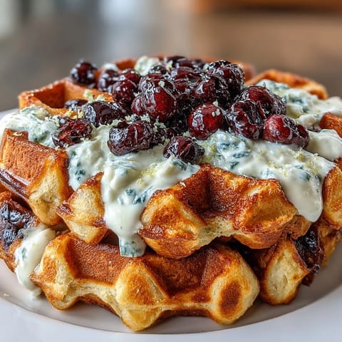 Golden sourdough waffles studded with juicy blueberries and fresh lemon zest, topped with creamy maple yogurt for a bright, tangy brunch.  