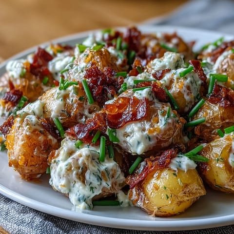 A hearty loaded baked potato salad with smoky BBQ sauce, crispy bacon, and melted cheddar cheese, perfect for BBQs and potlucks.  