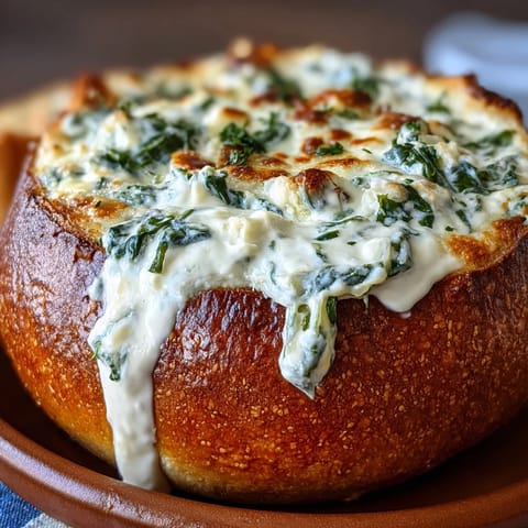 St. Patrick's Day spinach artichoke dip bread bowl with creamy spinach and cheese filling