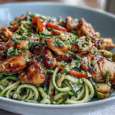 Healthy Easy Zucchini Noodle Stir Fry with Chicken in a colorful skillet with tender chicken, crisp vegetables, and spiralized zucchini in savory Asian sauce.